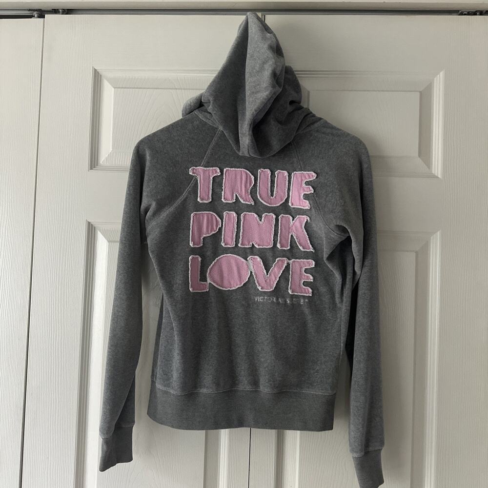 Vintage - Victoria's Secret Pink TRUE PINK LOVE in Patchwork Velour Hoodie - S